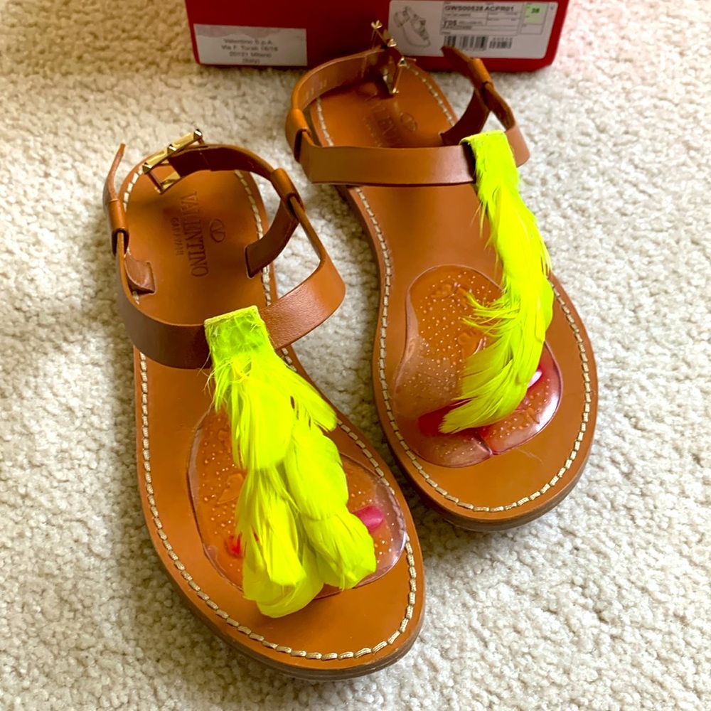 VALENTINO feather embellished t-strap leather sandal